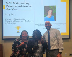 Racheal Croucher, Marquita Ockletree, and Robert Lopez accept the PROMISE College Advising Liaison of the Year Award on Kathy Rex's behalf